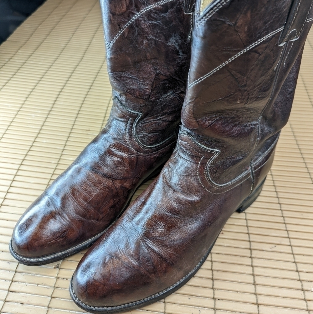 JUSTIN BOOTS DEERLITE BROWN MARBLED LEATHER R TOE ROPER COWBOY BOOTS #3162 MEN'S